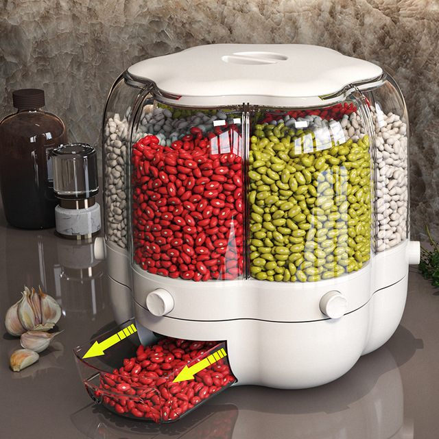 Kitchen Countertop Dry Food Grain Cereal Dispenser 6 Grid Automatic Rotating Rice Dispenser