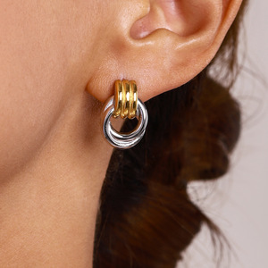 Geometric Ring Layered <b>Necklace</b> Earrings Set Stainless Steel Unisex Jewelry - Product Image 3