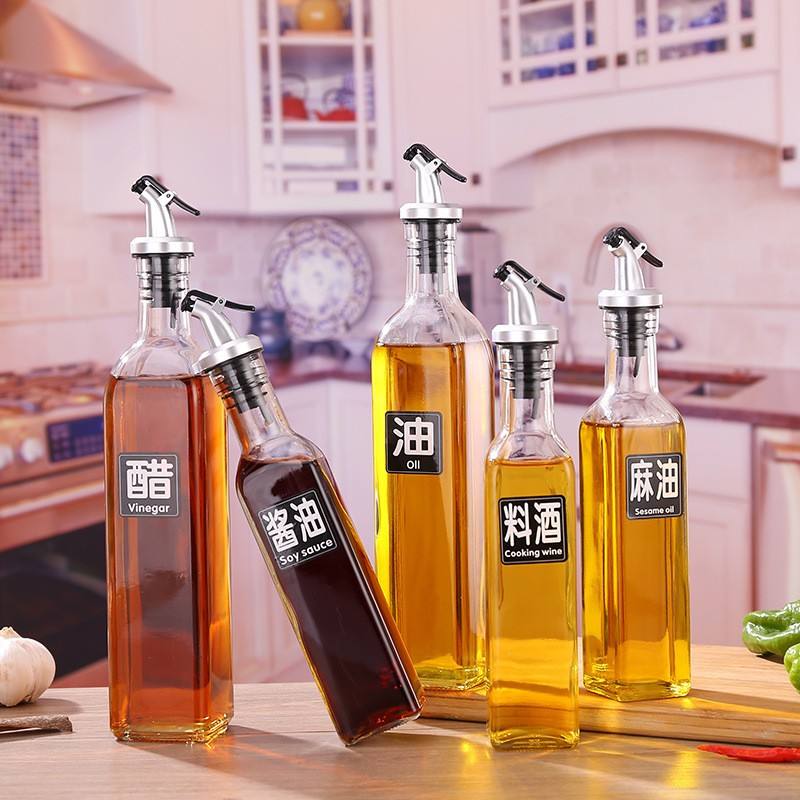 500ml Large Square Glass Oil Pot Household Kitchen Soy Sauce Vinegar  Seasoning Bottle Set with Cork Sealing 250ml Capacity