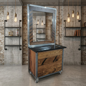 Station de barbier vintage en bois de style campagnard avec dessus en contreplaqué et tiroirs durables pour salon de coiffure et barbier - Product Image 4