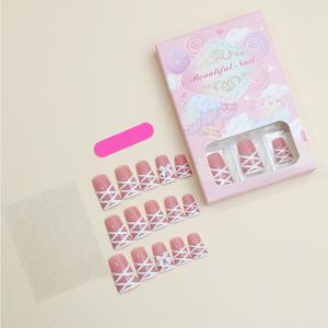 12 Uds./set al por mayor, puntas de uñas postizas pre-diseñadas con forma de almendra y lazo francés, de encaje blanco, para aplicación con pegamento en el dedo XE-94-21 - Product Image 5