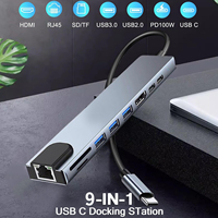 Adaptateur Hub USB C 9-en-1 avec charge rapide PD, lecteur de cartes SD/TF, USB 3.0, HDTV 4K, RJ45 1000 Mbps, station d'accueil Ethernet pour ordinateur portable