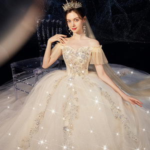 Wedding Dress Off Shoulder Sweetheart Empire Waist Floor Length Tulle Princess Style Plus Size Bridal Gown With Starry Train - Product Image 2