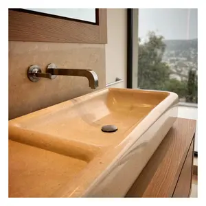 현대 예술 간단한 대리석 세척 용기 가정용 욕실을위한 매끄러운 표면을 가진 노란 대리석 수조 세면대