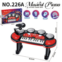 Set de Piano y Batería para Niños, Teclado Electrónico de 24 Teclas con Micrófono, Juguete Educativo Musical con Luces Intermitentes