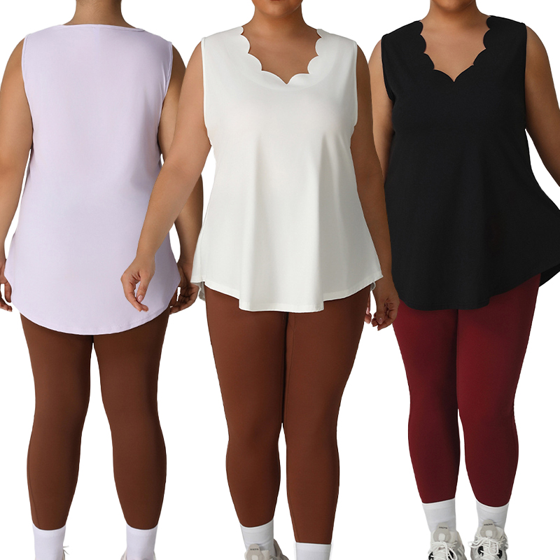 P02515 Women Oversize Yoga Suit Vest Sleeveless Wave V Neck Loose Butt Covering Plus Sports Plus Yoga Suit Top