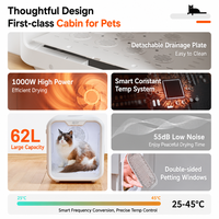Séchoir intelligent pour animaux de compagnie en plastique, grande capacité 62L, séchage rapide 1000W, entièrement automatique, silencieux, avec circulation d'air par le bas pour chats et chiens