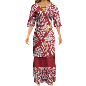 Nouvelle conception personnalisée, imprimé tribal polynésien hawaïen, col rond, ensemble deux pièces pour femmes, taille plus, décontracté, style Samoan Puletasi Ptaha - Product Image 1