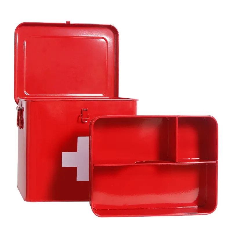 Kit di pronto soccorso forniture per medicinali di pronto soccorso Bin scatola di pronto soccorso in metallo a 2 livelli con vassoio rimovibile