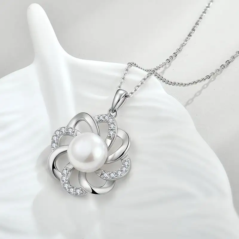 Beautiful Fashion Elegant Big Flower Sterling Silver 10mm Round Mother of Pearl Flower Shape Pendant Necklace