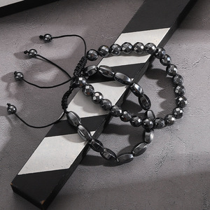Pulseras de cuentas para hombre de gran venta, cordón de hematita Natural ajustable hecho a mano, regalo <span class=keywords><strong>BF</strong></span> con diseño de cuerda tejida geométrica de flecha - Product Image 4