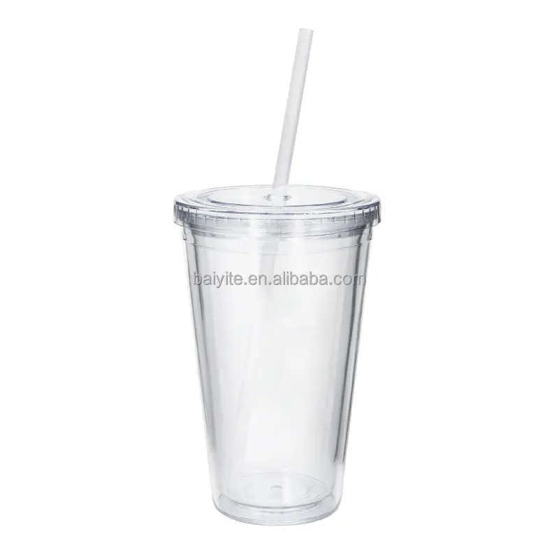 Wholesale Premium Quality 16oz Double Wall Skinny Bottle Hard Plastic Cups With Lids And Straws Plastic Straws Cup
