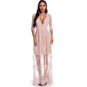 Spring and Autumn Sexy Deep V-Neck Half Sleeve Luxury Elegant Women Long <strong>Debut</strong> Gown Evening <strong>Dress</strong> - Product Image 4