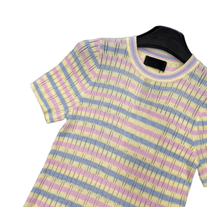 Camiseta de Manga Corta con Cuello Redondo y Tejido Acanalado a Rayas, Prenda de Punto Transpirable Informal para Uso Diario - Product Image 3