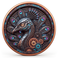 Pièce de monnaie Paon Cybernetique en Cuivre Pur 999 de 1 oz, en relief 3D, colorée UV, effet proof-like, Art Meca Futuriste