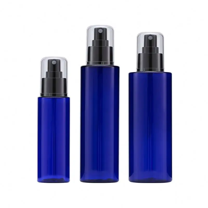 Hot Sale Kosmetik behälter 100ml 200ml 250ml Transparent Amber Blue Green Kunststoff Parfüm Sprüh flasche Mit Nebel Pump Cap
