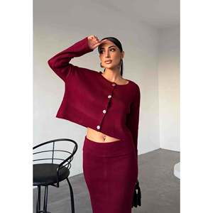 ชุดเสื้อแจ็คเก็ตและกระโปรงถัก รุ่น 1516 - สีแดงเบอร์กันดี - Product Image 3