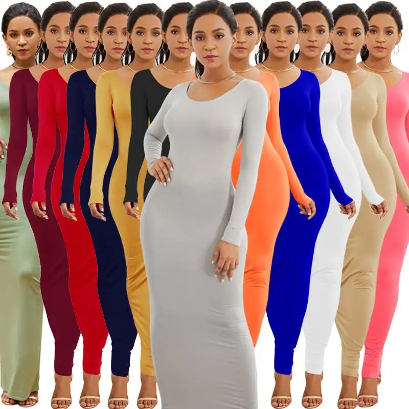 Giysi satıcıları toptan rahat pamuk sonbahar katı renkli kurşun kalem Maxi elbise <span class=keywords><strong>uzun</strong></span> kollu vücudu saran elbiseler kadın