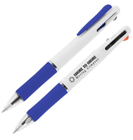 Stylo multi-encres Voyager personnalisé avec logo, blanc, à poussoir, pointe fine bleue, gravure laser, cadeau d'entreprise, vente en gros en vrac, modèle Elite Prime