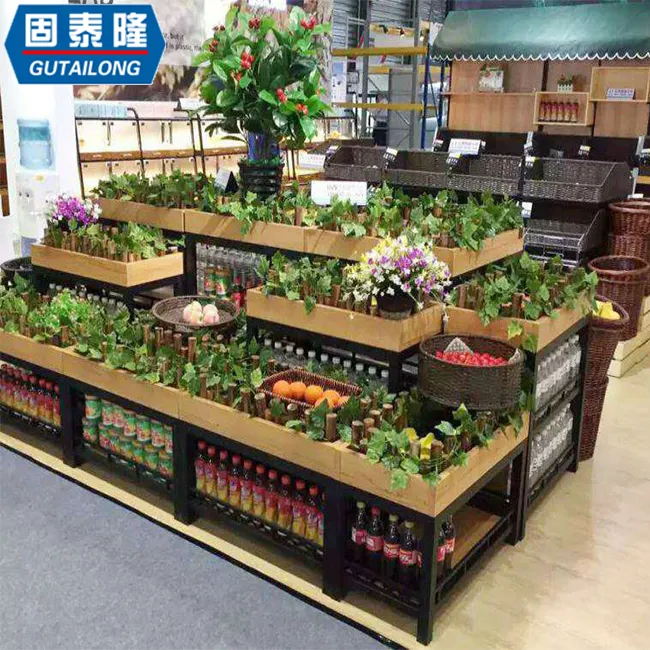 Scaffali del supermercato frutta e verdura di visualizzazione di legno in acciaio