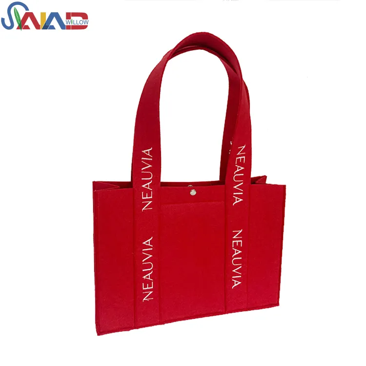Customized Logo Printed Red Color Felt Material Shopper Tote Bag with Embroidery Logo for Event