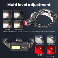 Linterna Frontal LED Láser Blanca de Largo Alcance de 30 W, Recargable Tipo C, con Zoom, Sensor de Movimiento y Luz Trasera de Advertencia Roja COB