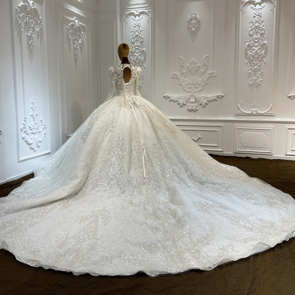 Jancember LSCJ27 Bling Lace Fabric Long Sleeve V-neck Sequins Puffy Ball Gown  Wedding Dresses| Alibaba.com