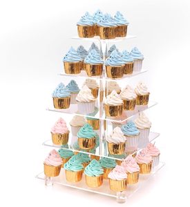 Şeffaf akrilik tatlı ekran höder 5 katmanlı kare akrilik Cupcake kulesi standı parti düğün bebek duş için pasta sunum kabini raf - Product Image 3