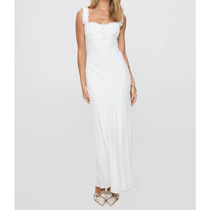 Vestido Largo Romántico Blanco con Tirantes con Volantes, Cuello Cuadrado, Espalda Descubierta con Lazo, Vestido Largo Fluido para Mujer, Ropa de Playa - Product Image 2