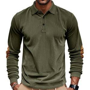 Polo de Manga Larga de Pana para Hombre, Color Verde Militar, Diseño con Parches, Estilo Casual para Uso Diario - Product Image 1