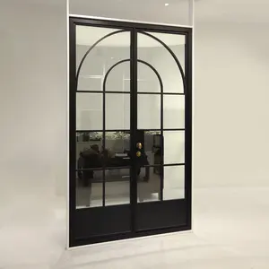 Porta de vidro de aço com janela para sala de estar, porta francesa de ferro com design de metal personalizado