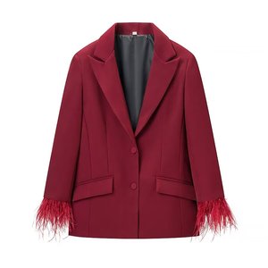 เสื้อเบลเซอร์สีแดงปกบากติดกระดุมแถวเดียว กางเกงขายาวทรงลำลอง ชุดเซ็ต 2 ชิ้นสำหรับผู้หญิง - Product Image 2