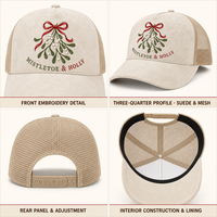Casquette de camionneur 5 panneaux en daim brodé motif violette et aigue-marine, maille respirante, pour sports d'hiver et d'été en extérieur, Joyeuses Fêtes