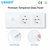Interrupteur tactile UBARO 1 2 3 Gang avec 2 prises murales standard EU, panneau en verre trempé blanc, prise électrique intelligente pour la maison