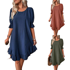 Robe midi décontractée pour femme en lin et coton, col rond, manches bouffantes, ourlet à volants, coupe ample, couleur unie, pour l'été et le quotidien - Product Image 1