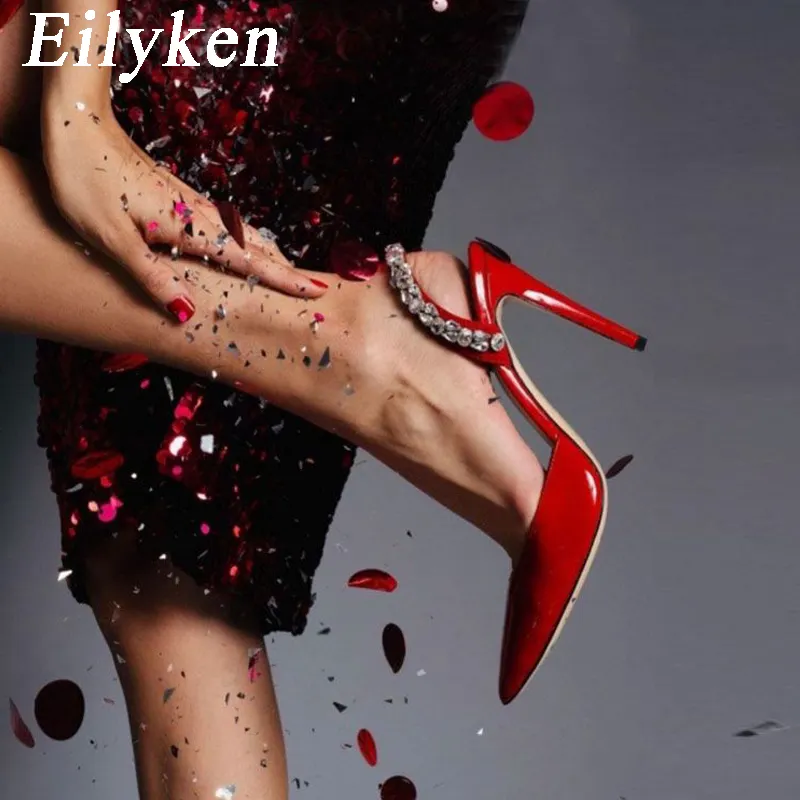 Eilyken 2023 Newly Arrived Crystal Rhinestone Women Pumps Sexy Pointed Toe Stiletto High Heels Red Wedding Dress Shoes Female