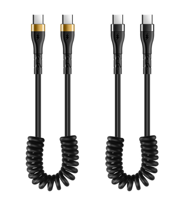 Dual USB C Coiled Cable Type C to Type C Mobile Phone Data Cable 120W Quick Charging Retractable Charger Cord