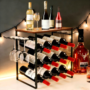 Casier à vin autoportant en métal noir à 3 niveaux pour 12 bouteilles avec crochets, support de rangement moderne de petite taille pour comptoir, table, armoire ou garde-manger - Product Image 3