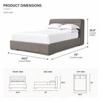Lit plateforme moderne de luxe en velours gris, cadre de lit capitonné horizontal avec pieds en bois vieilli pour projets hôteliers et villas