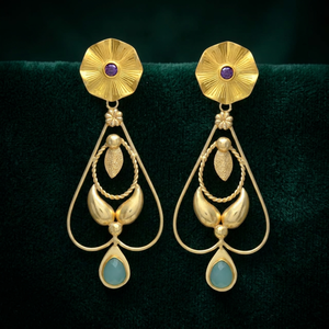 Pendientes Colgantes de Aguamarina con Diseño Dorado y Flor, Pendientes de Latón Hechos a Mano, Estilo Nuevo - Product Image 4
