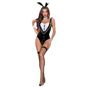 Designer Erotic Lingerie Black Faux Patent Leather Lingerie Bunny Girl Clothes One-piece Erotic Uniform Bunny Suit 5 Piece Set