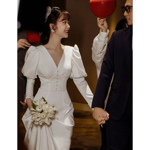 Customized Simple <strong>wedding</strong> <strong>dress</strong> 2025 Summer new bridal French style small tail out long sleeve <strong>dress</strong> factory supply