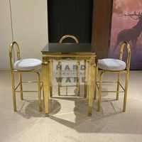 Table de bar et chaises modernes en acier inoxydable avec cadre métallique carré et plateau en verre, durables, pour usage domestique et hôtelier