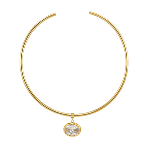 Collar de Moda Simple con Baño de Oro de 18K, Collar de Acero Inoxidable Resistente al Agua con Colgante Ovalado de Circonita, Venta al Por Mayor, P253622 - Product Image 3