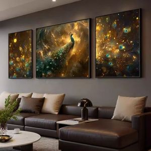 Juego de 3 Cuadros Decorativos de Lienzo con Diseño de Pavo Real, Pintura Abstracta Dorada y Azul, Decoración Moderna para Sala de Estar, Tríptico - Product Image 5