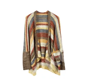 Wholesale Boho Sweater Coat 100% Acrylic Luxury Mohair Multi Color Block Striped Women Cardigan