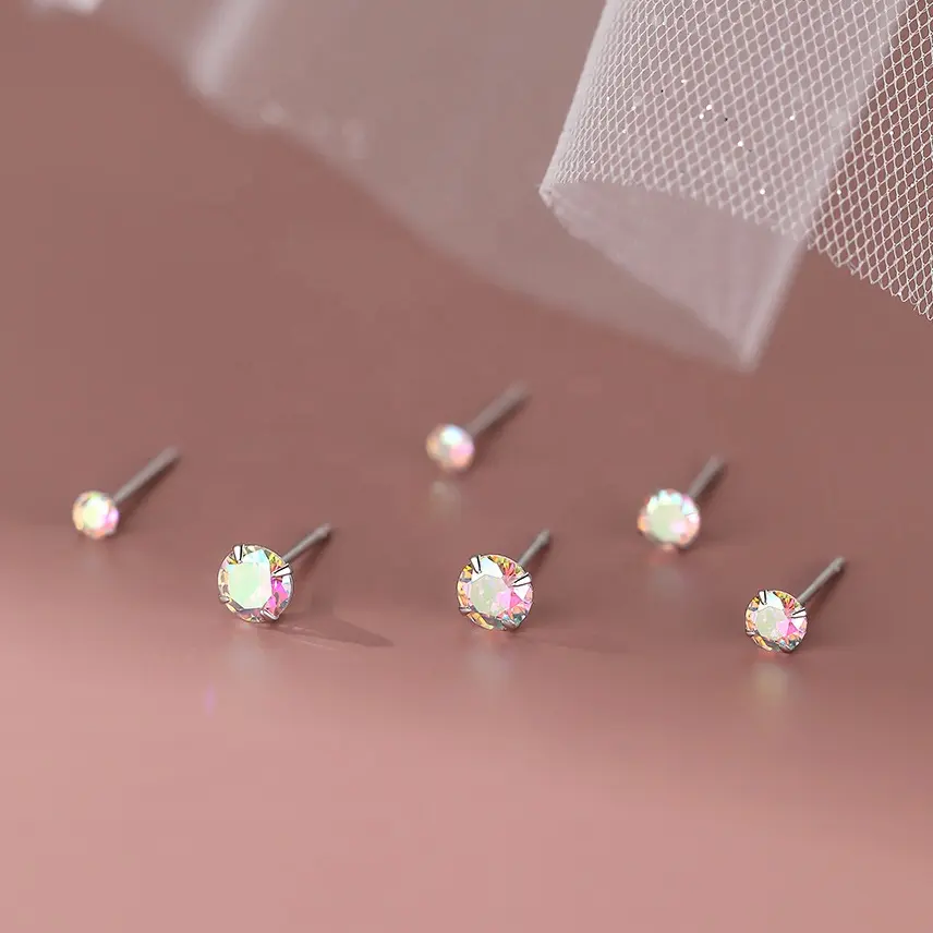 Grosir grosir 925 perak murni perhiasan halus dasar bulat potongan brilian warna-warni berkilau berlian kecil anting kancing untuk wanita