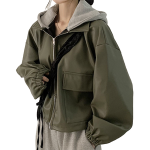 Veste Courte Décontractée et Polyvalente pour Femme, Style Rétro Automne, avec Fermeture Éclair, Grandes Poches, Capuche, en PU Non Tissé Écologique – Vente en Gros pour Boutiques - Product Image 1