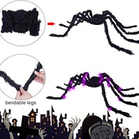 Poule de soie LED de 125 cm pour Halloween, décoration extérieure lumineuse, araignées noires poilues effrayantes pour fêtes et maisons hantées