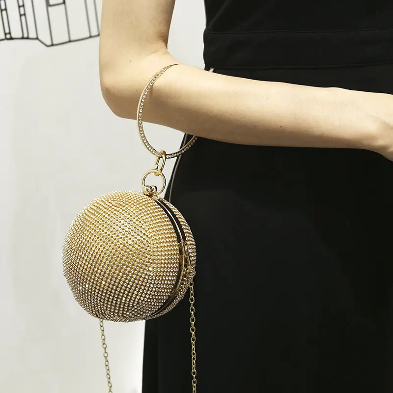 حقيبة يد نسائية على شكل كرة من حجر الراين, حقيبة يد نسائية على شكل كرة دائرية من الألماس مرصعة بسلسلة مرصعة بأحجار الراين باللون الذهبي والفضي